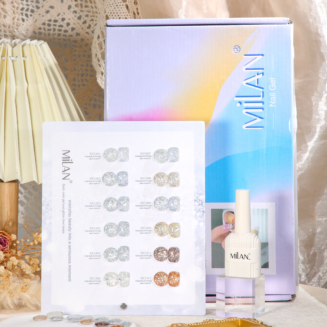 MILAN 12 Colors Glitter Gel Nail Polish Kit 15ml/pcs (with Display Board)