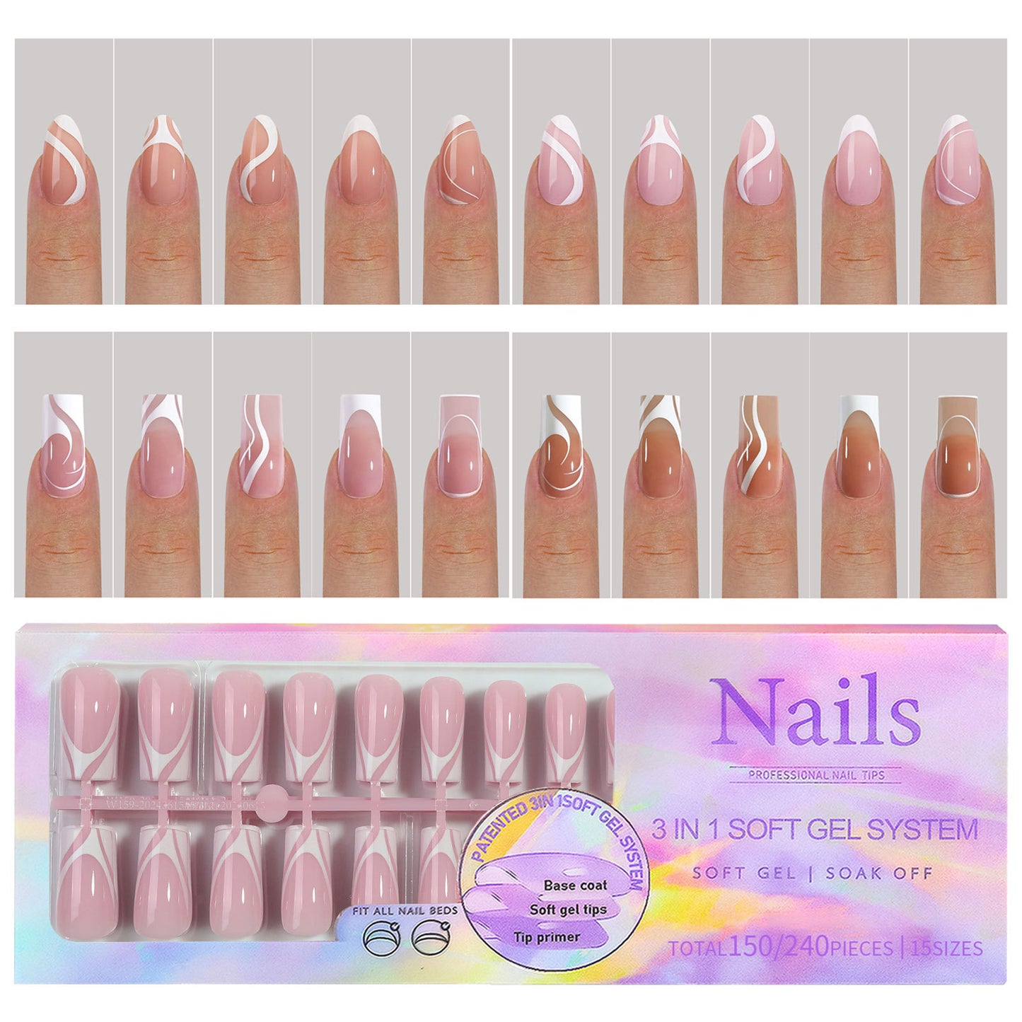 Square & Almond French Tip Press On Nails in 150pcs