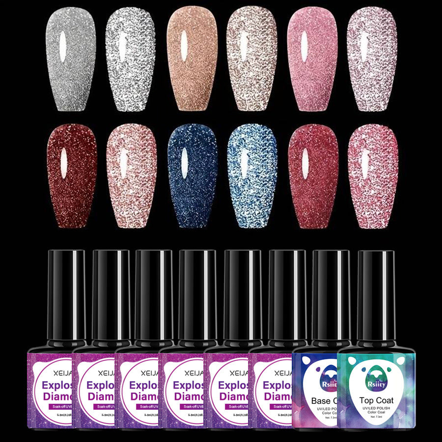 Xeijayi giltter Diamond gel polish set of 6 colors + Top Coat + base coat soak off UV silver pink blue red colors 7.3ML * 8PCs/set
