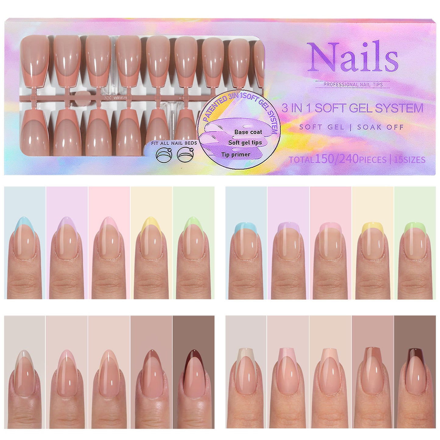Almond Square Coffin French Tip Press On Nails 150PCS