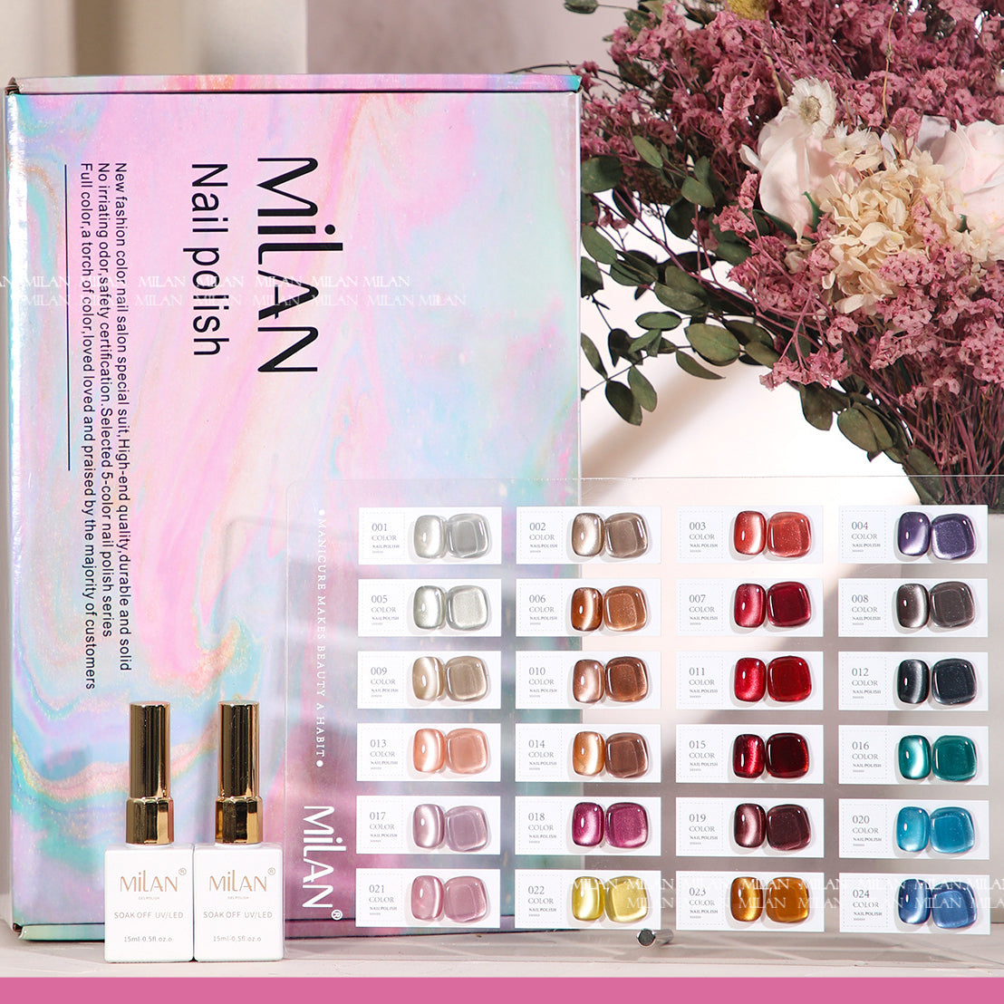 MILAN 24 Colors Cat's Eye Gel Nail Polish Kit 15ml/pcs (with Display Board)
