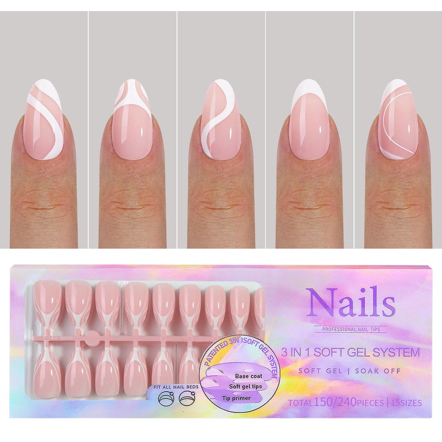 Square & Almond French Tip Press On Nails in 150pcs
