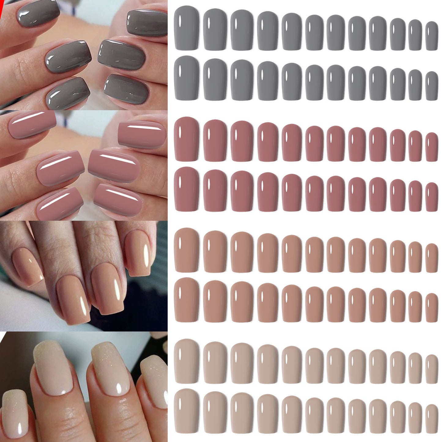 96pcs Short False Nails Tips 4 Color Medium Square Press On Nails