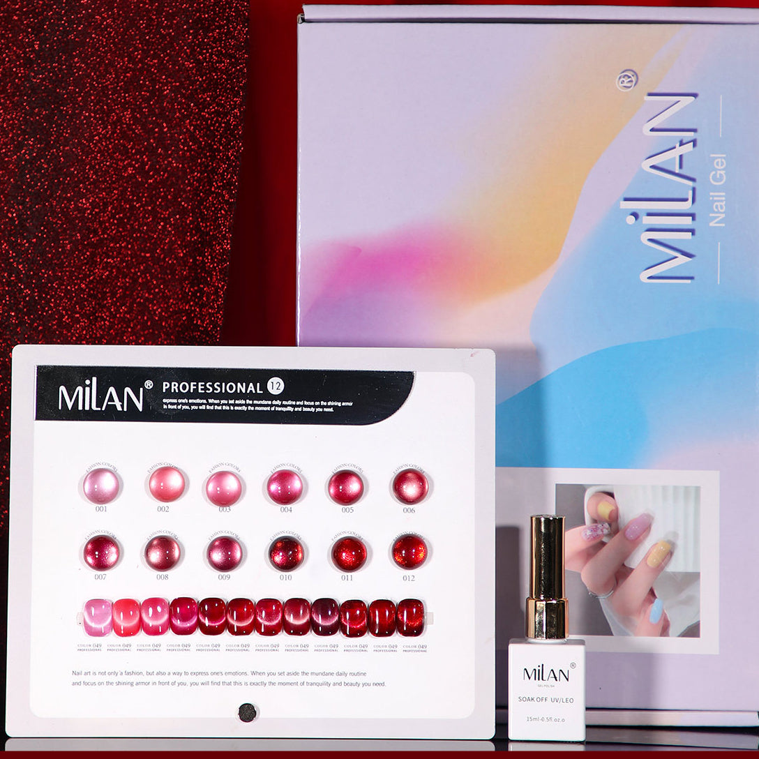 MILAN 12 Colors Burgundy Cat's Eye Gel Nail Polish Kit 15ml/pcs (with Display Board)