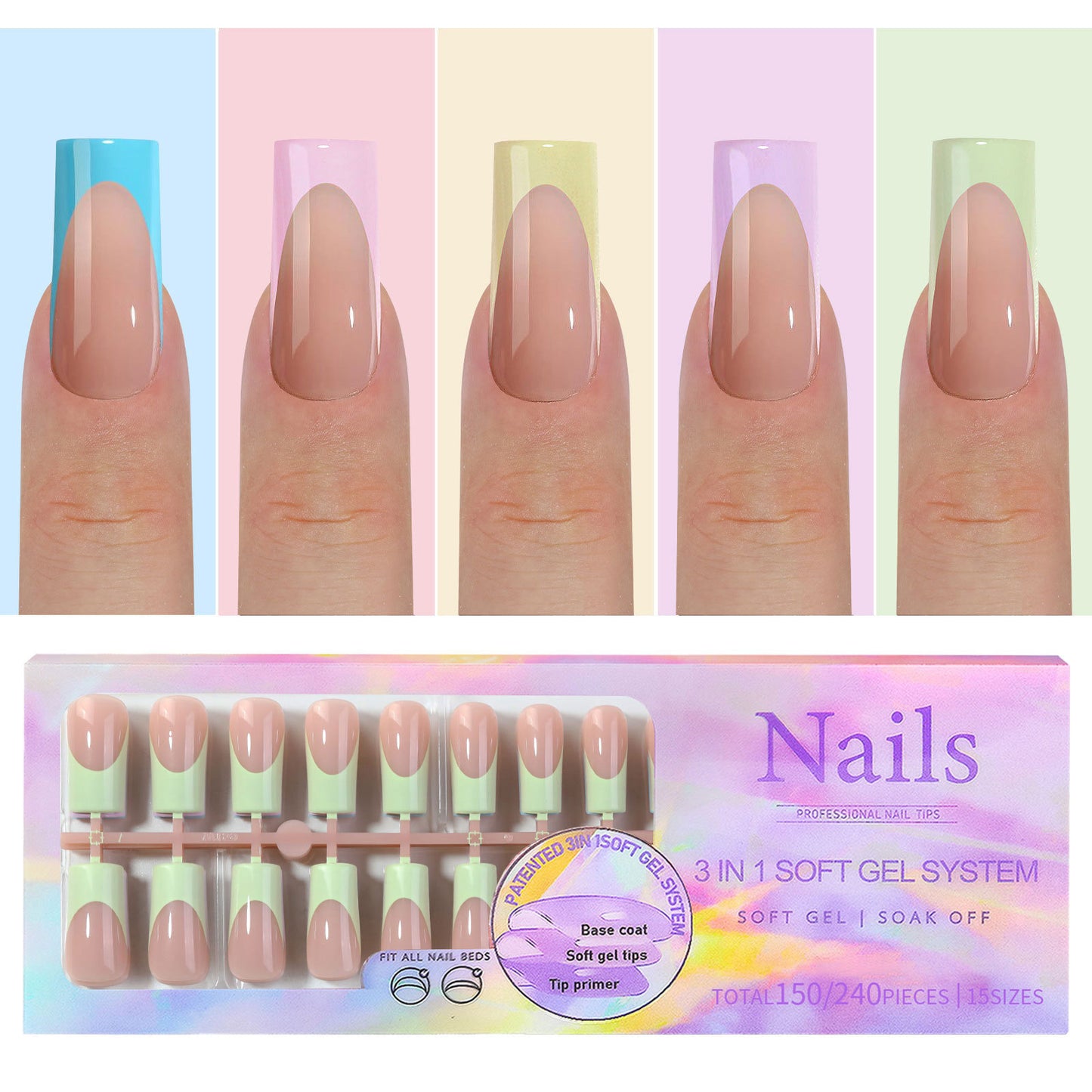 Almond Square Coffin French Tip Press On Nails 150PCS