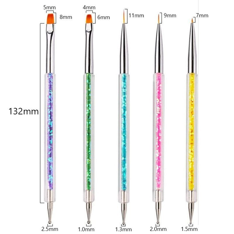 5Pcs/Set 2 in 1 Double Head Nail Art Dotting Pen Liner Brushes