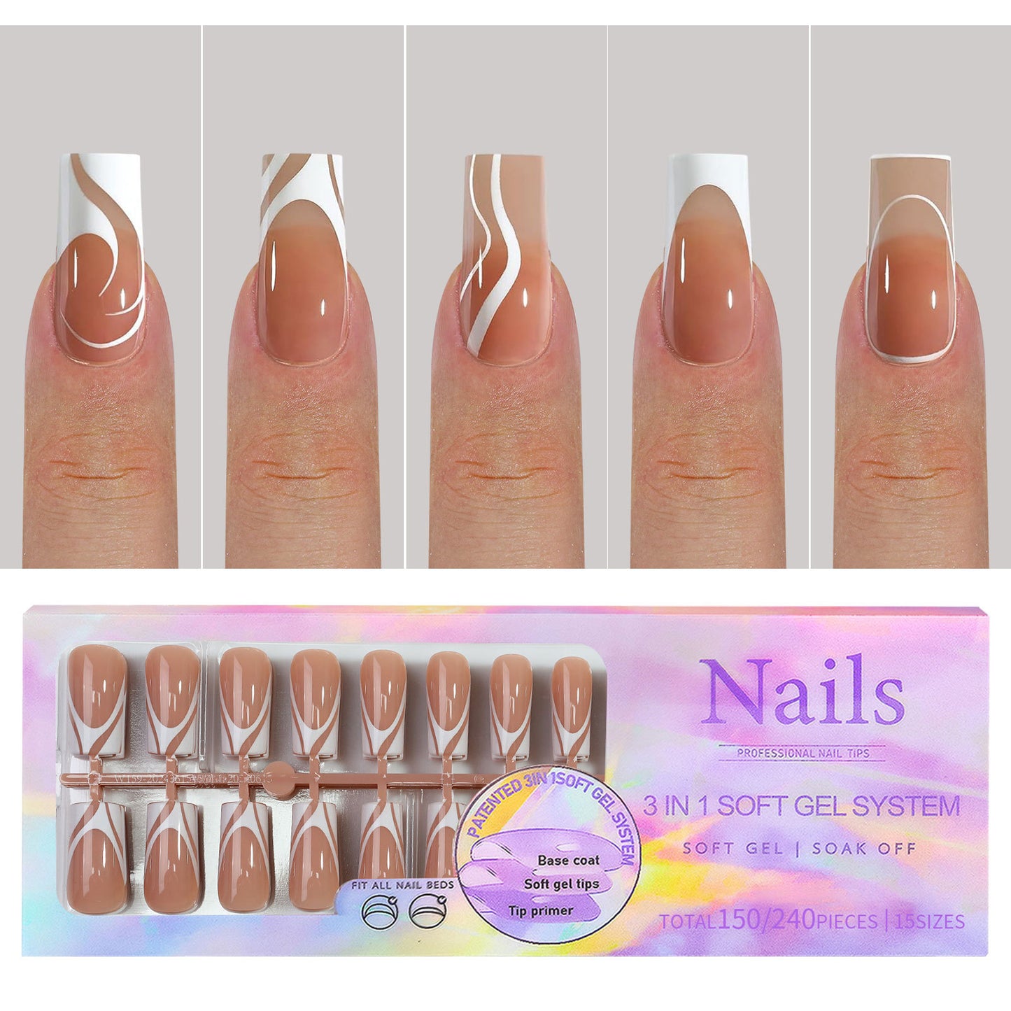 Square & Almond French Tip Press On Nails in 150pcs