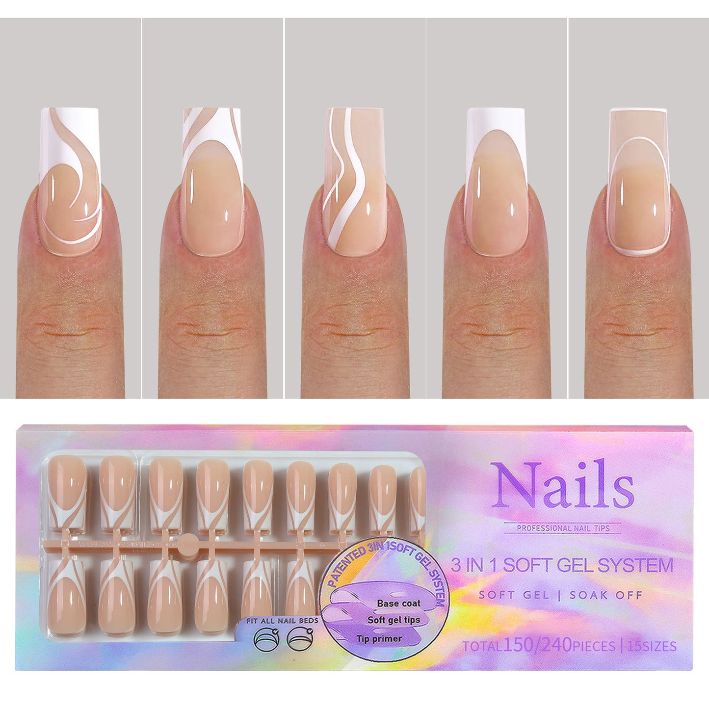 Square & Almond French Tip Press On Nails in 150pcs
