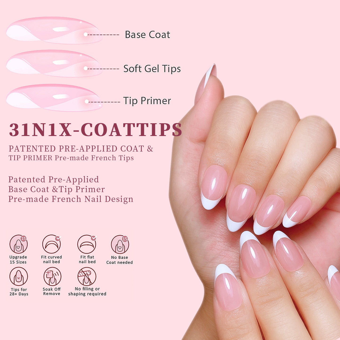 Square & Almond French Tip Press On Nails in 150pcs
