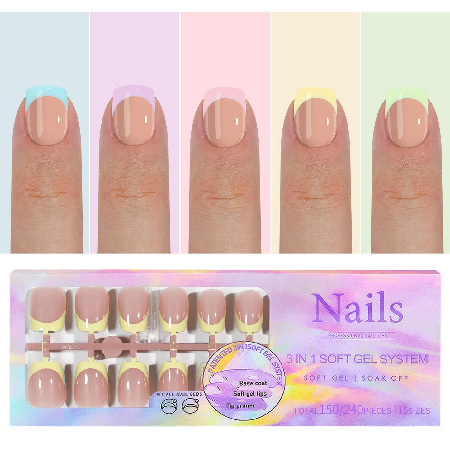 Almond Square Coffin French Tip Press On Nails 150PCS