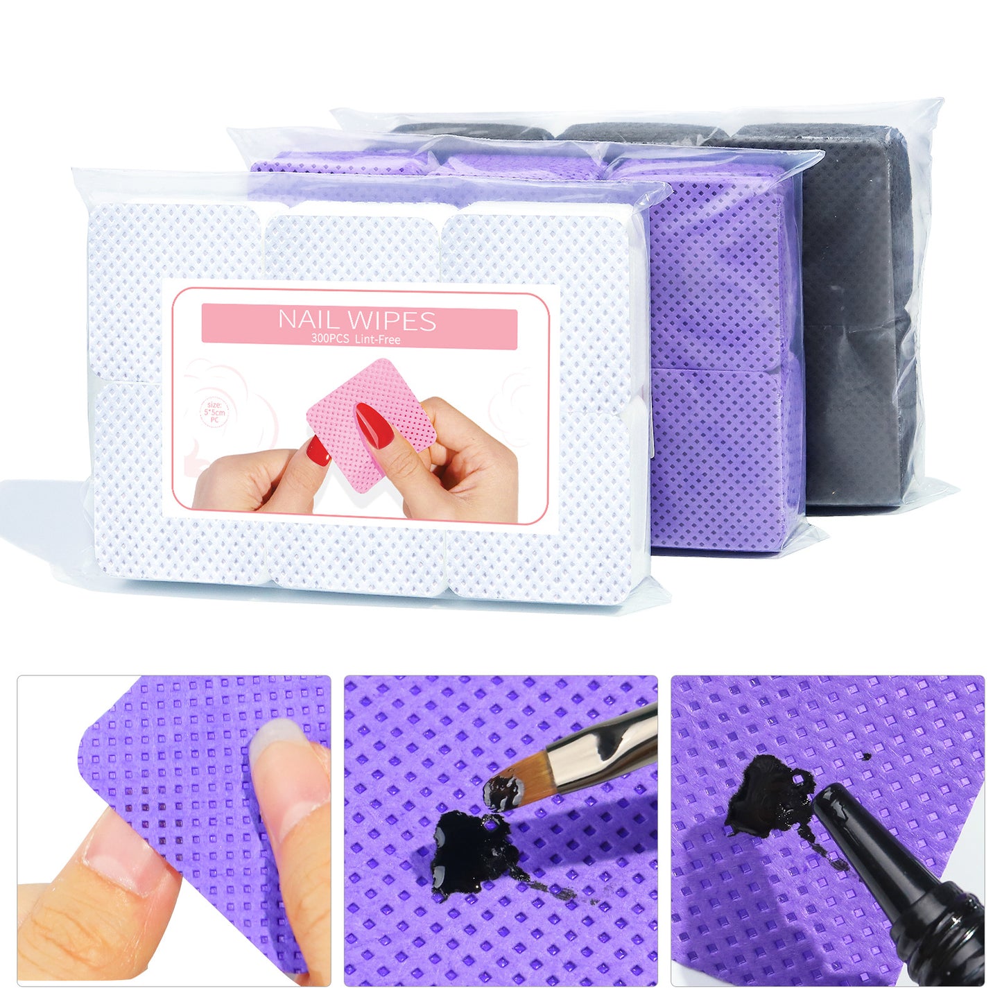 300 PCS Lint Free Nail Wipes Colorful Nail Polish Remover Pads