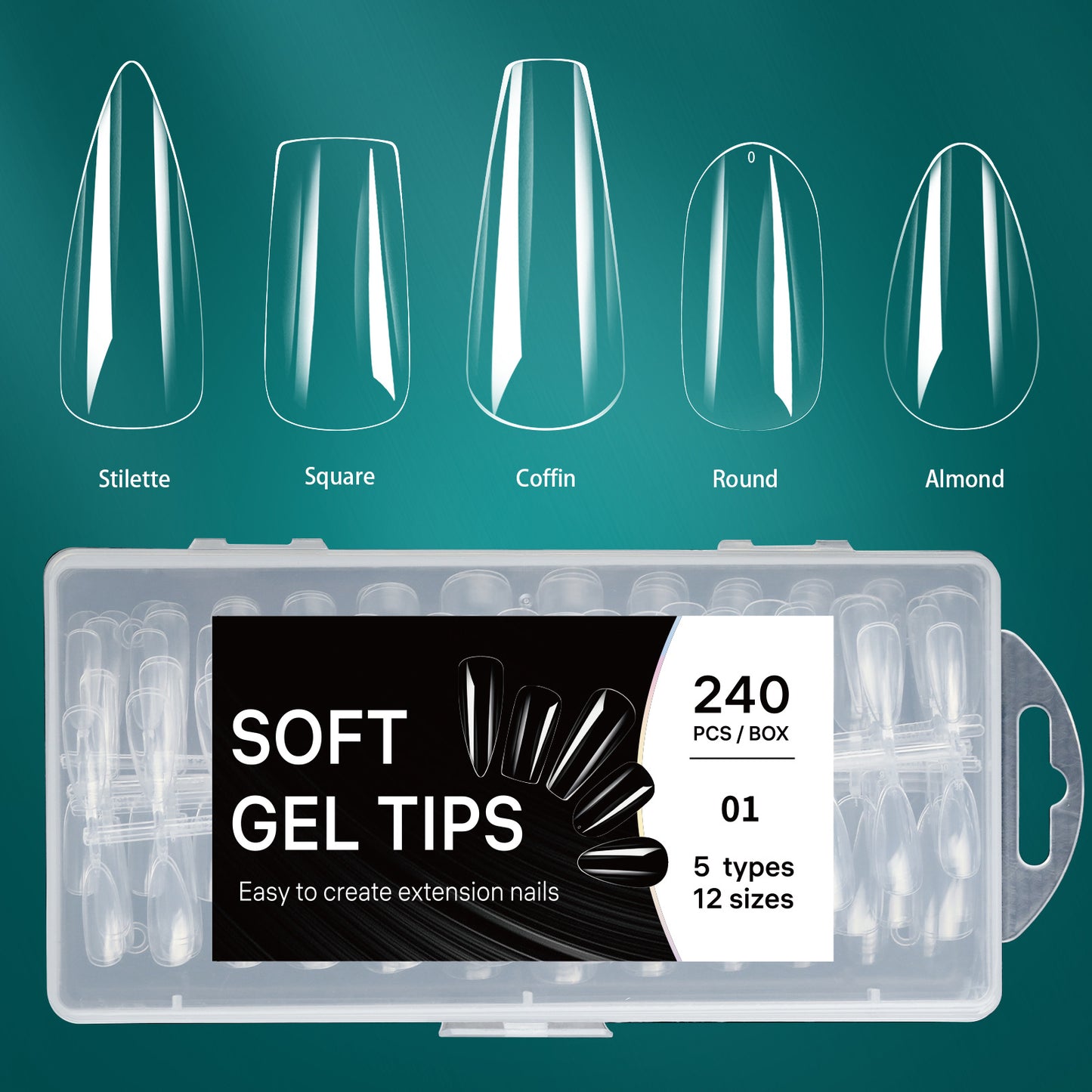 5 shapes in 1 Nail extension tips, ultra-thin nail tips 240pcs