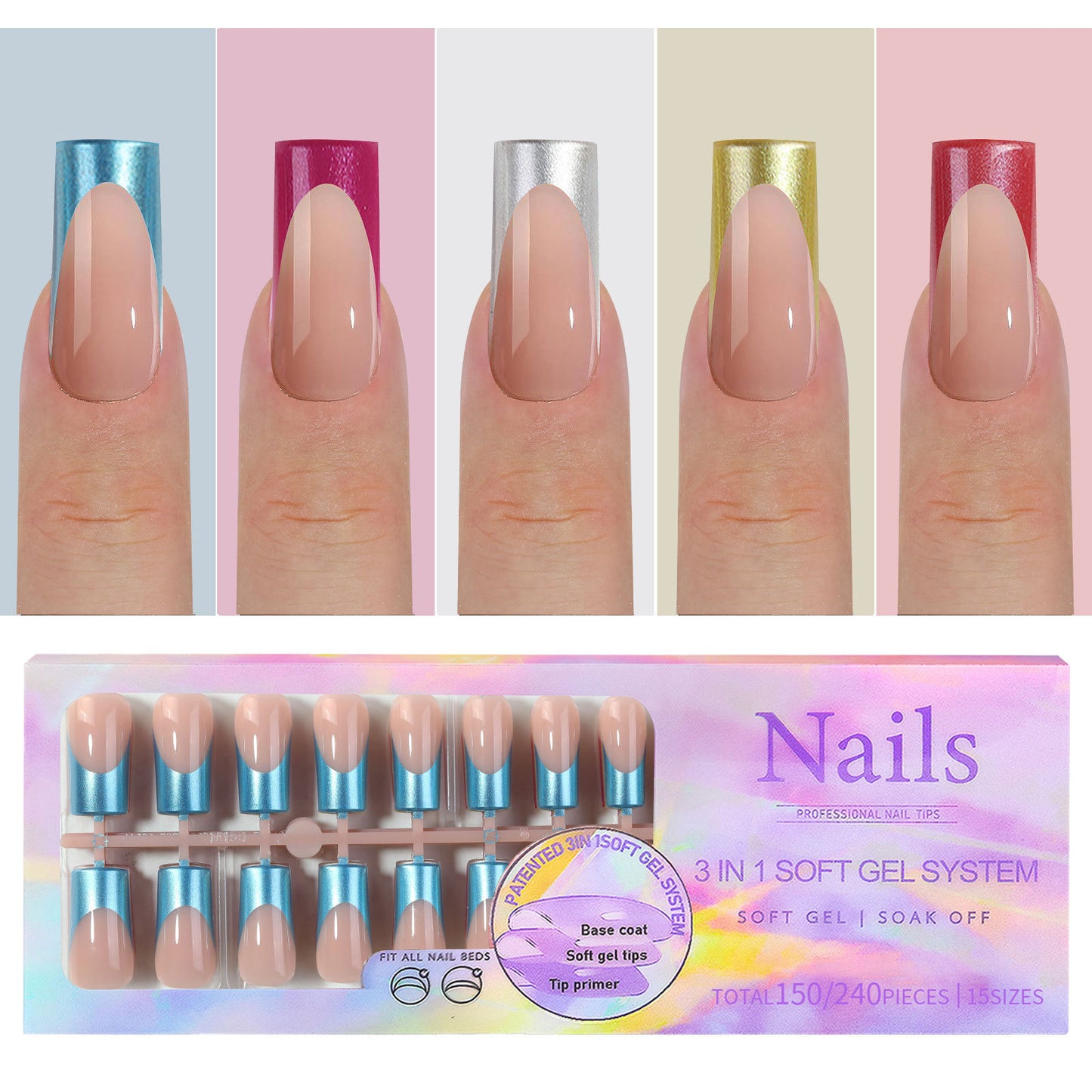 Almond Square Coffin French Tip Press On Nails 150PCS