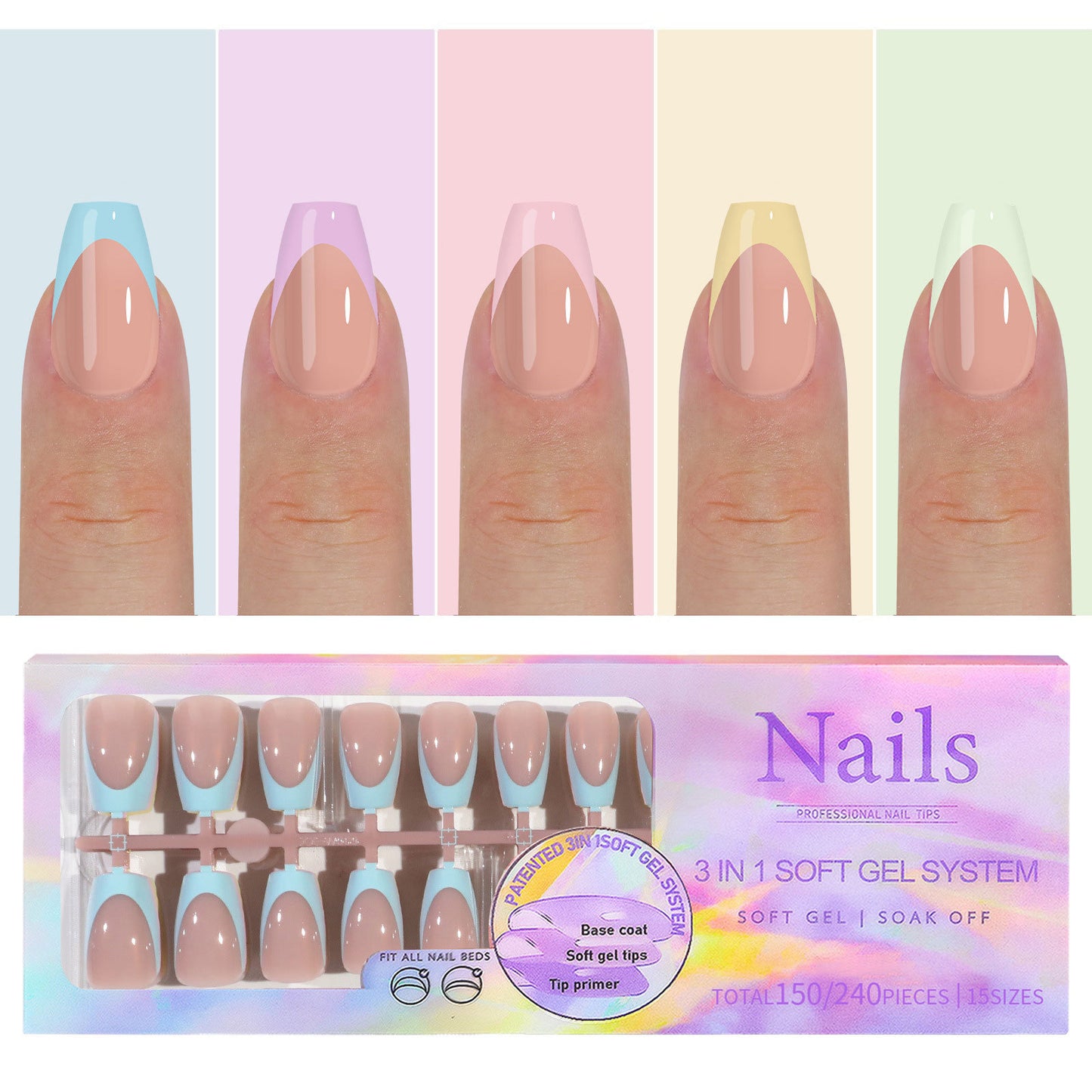 Almond Square Coffin French Tip Press On Nails 150PCS