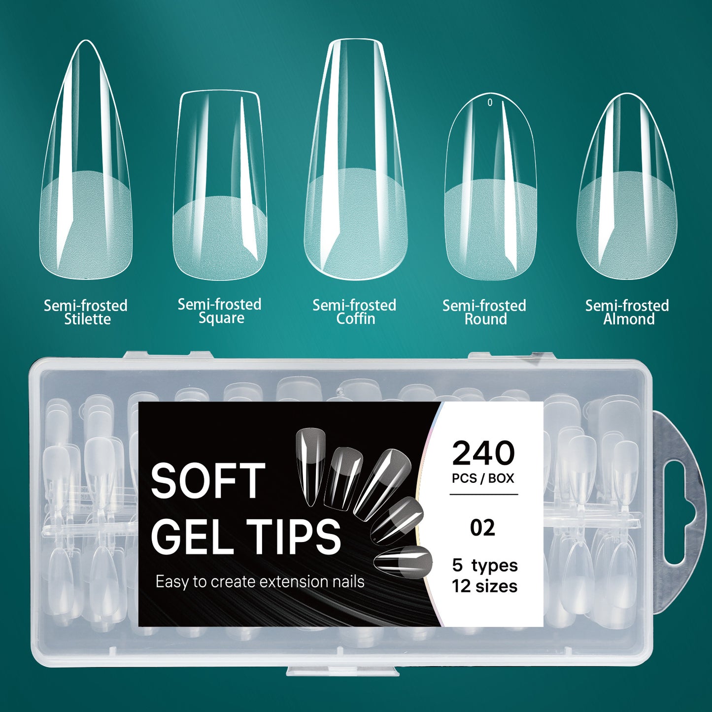 5 shapes in 1 Nail extension tips, ultra-thin nail tips 240pcs