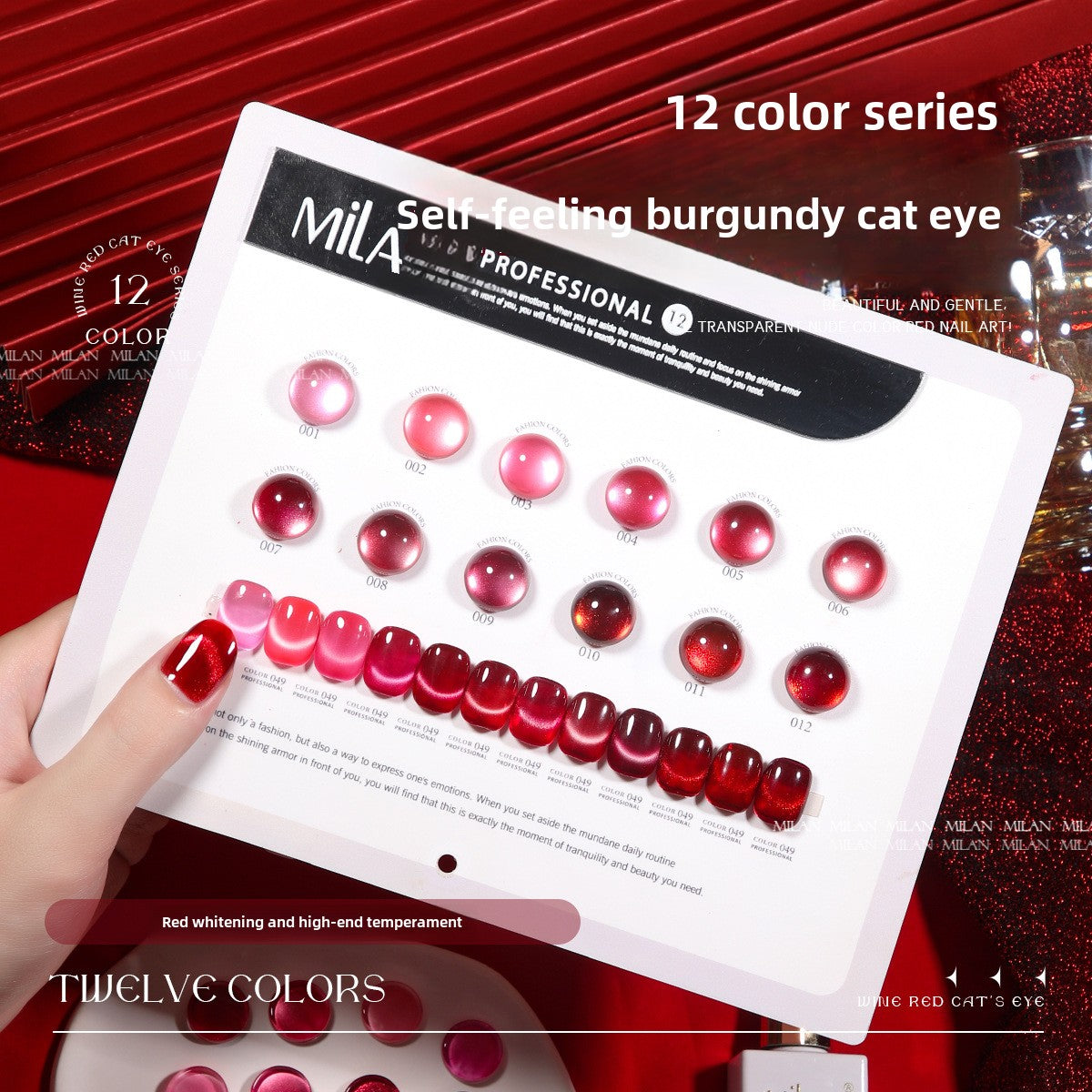 MILAN 12 Colors Burgundy Cat's Eye Gel Nail Polish Kit 15ml/pcs (with Display Board)