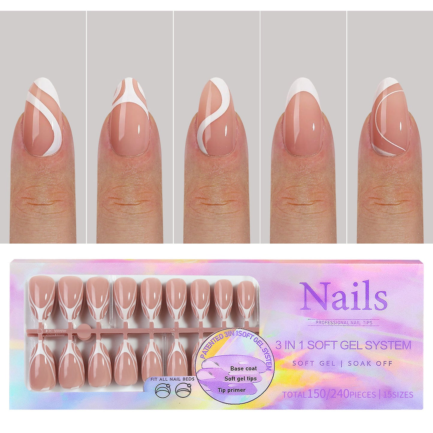 Square & Almond French Tip Press On Nails in 150pcs