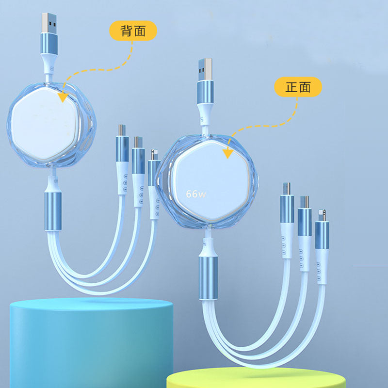 CABLE 3 IN 1 RETRATTILE 66W/5A/1.2m (TYPE-C,IP,MICRO USB)