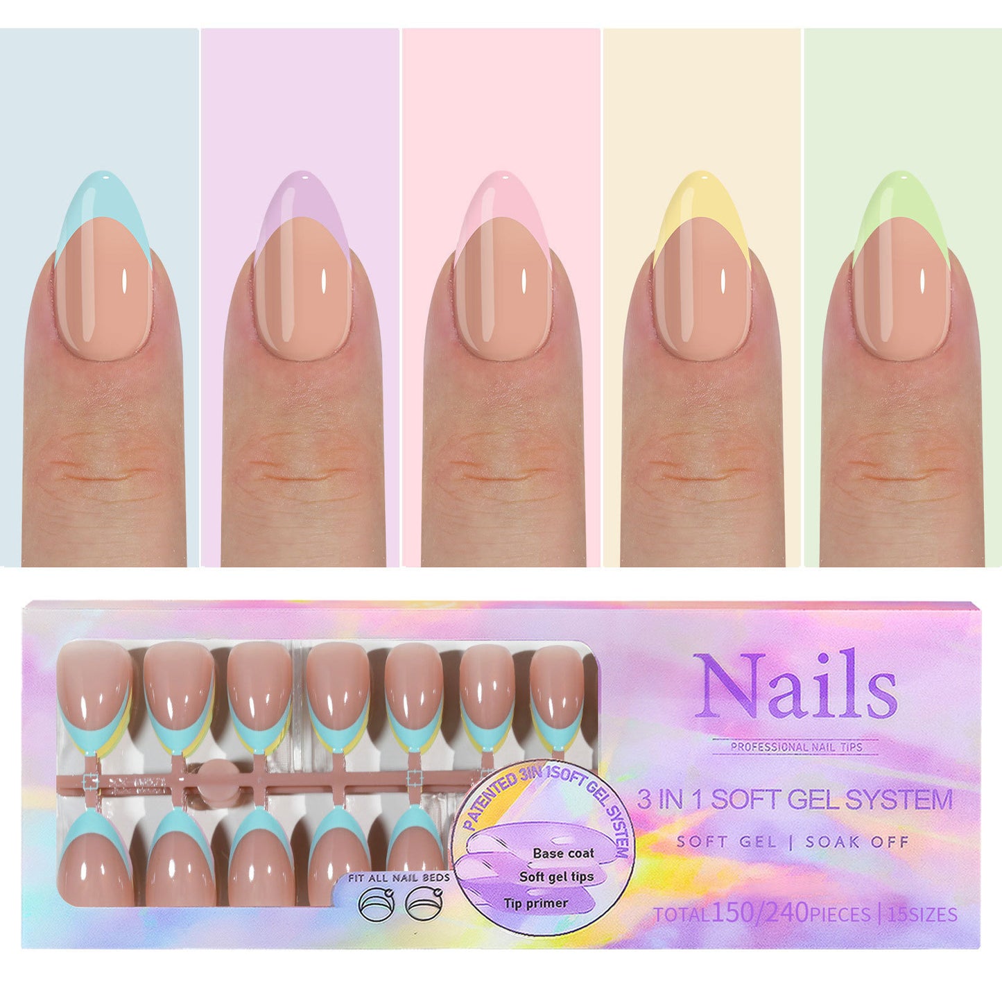 Almond Square Coffin French Tip Press On Nails 150PCS