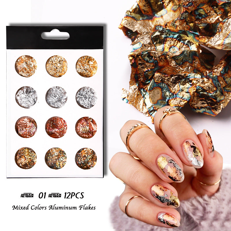 12 Pot/Set Nail Art Gold Sliver Flakes