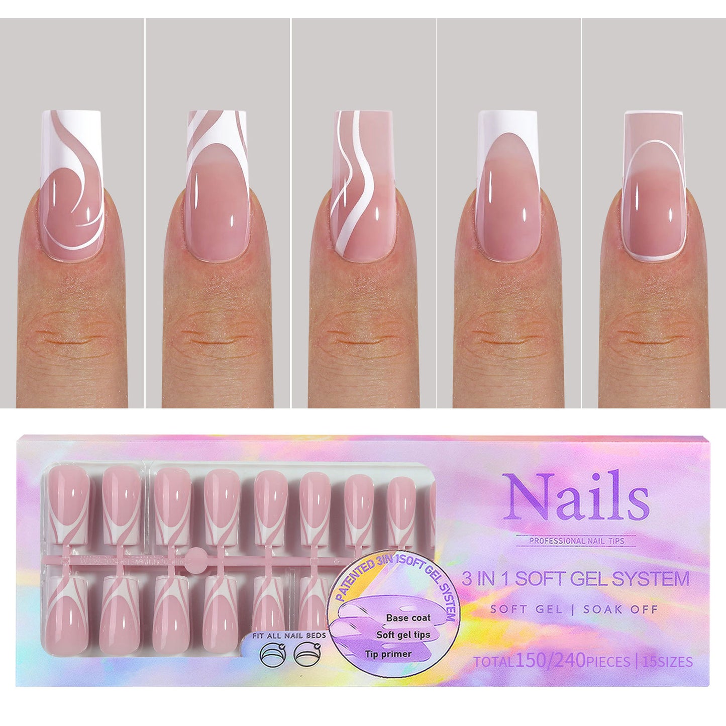 Square & Almond French Tip Press On Nails in 150pcs