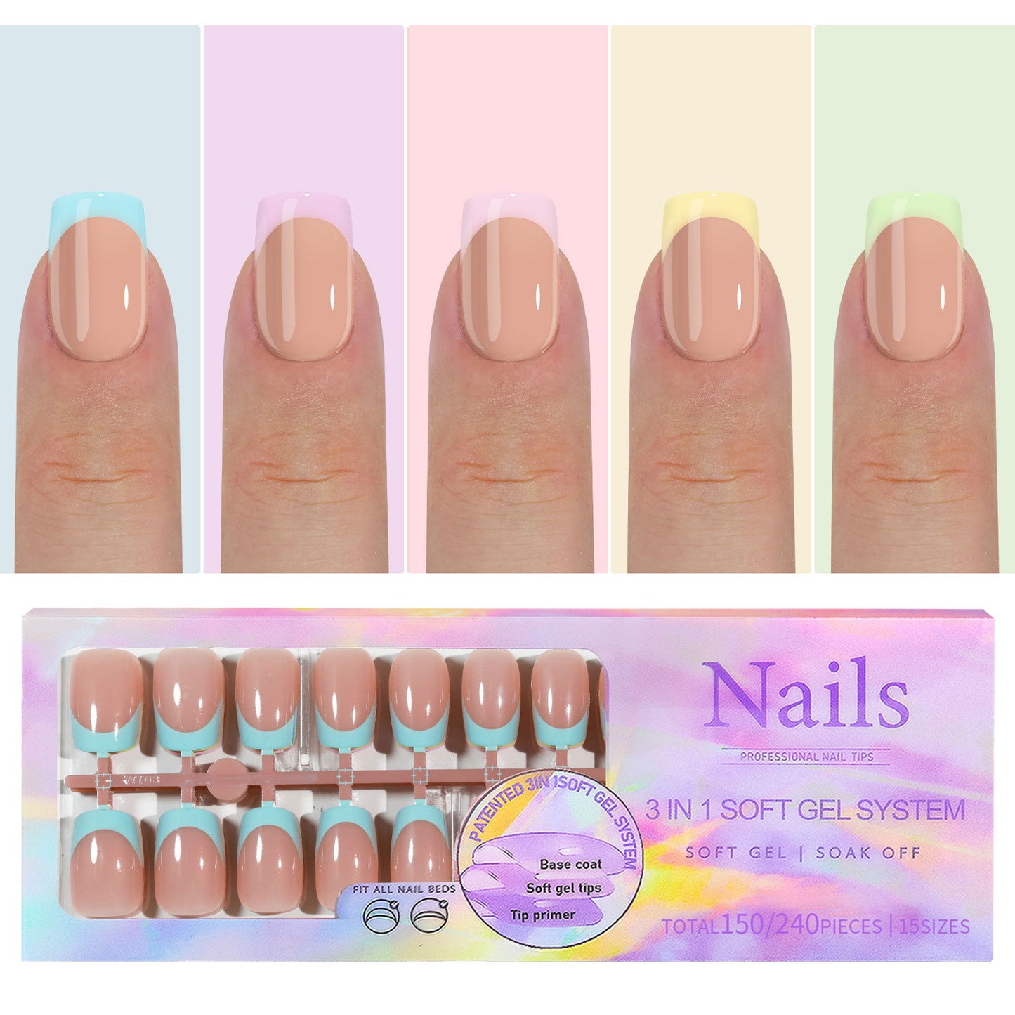 Almond Square Coffin French Tip Press On Nails 150PCS