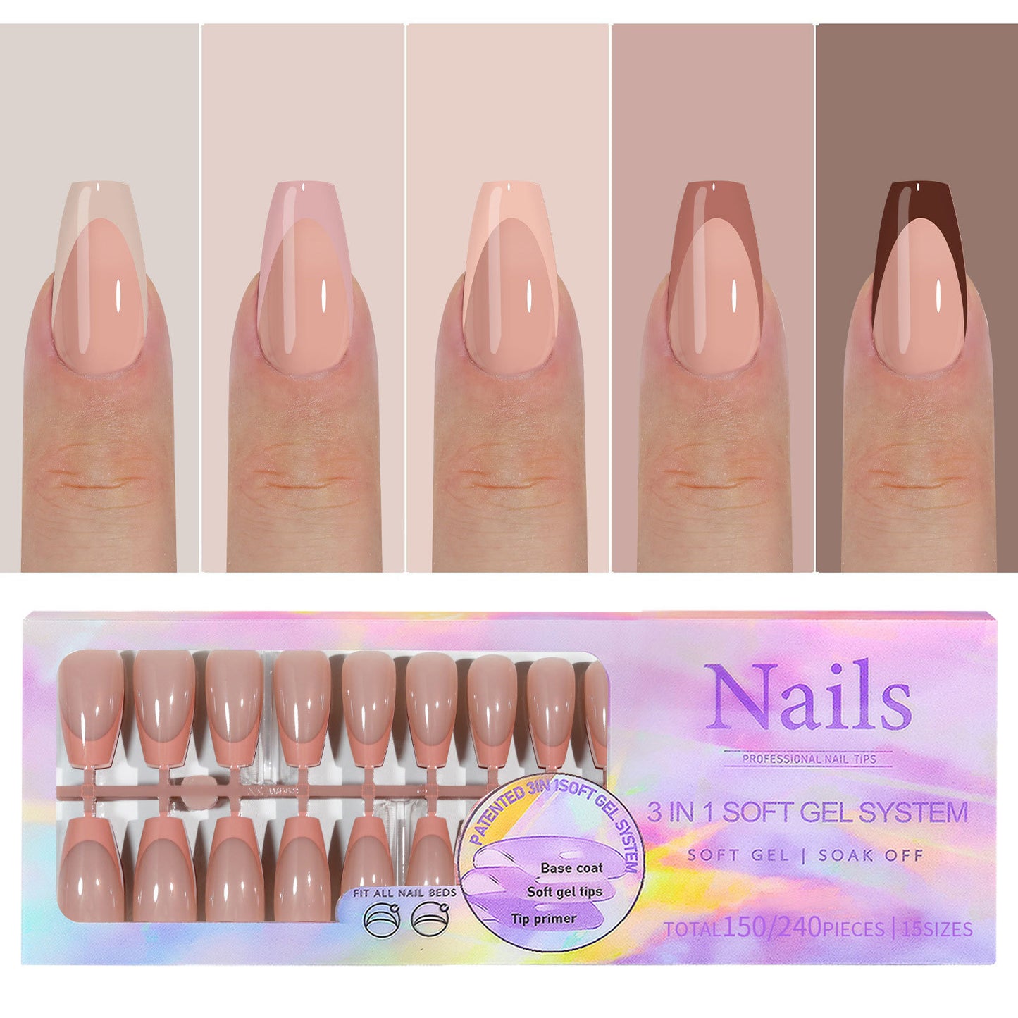 Almond Square Coffin French Tip Press On Nails 150PCS