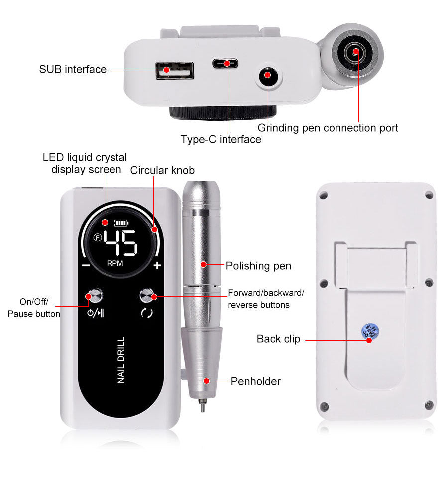 45000 RPM Portable Electric Nail Polisher with Bits LED Display