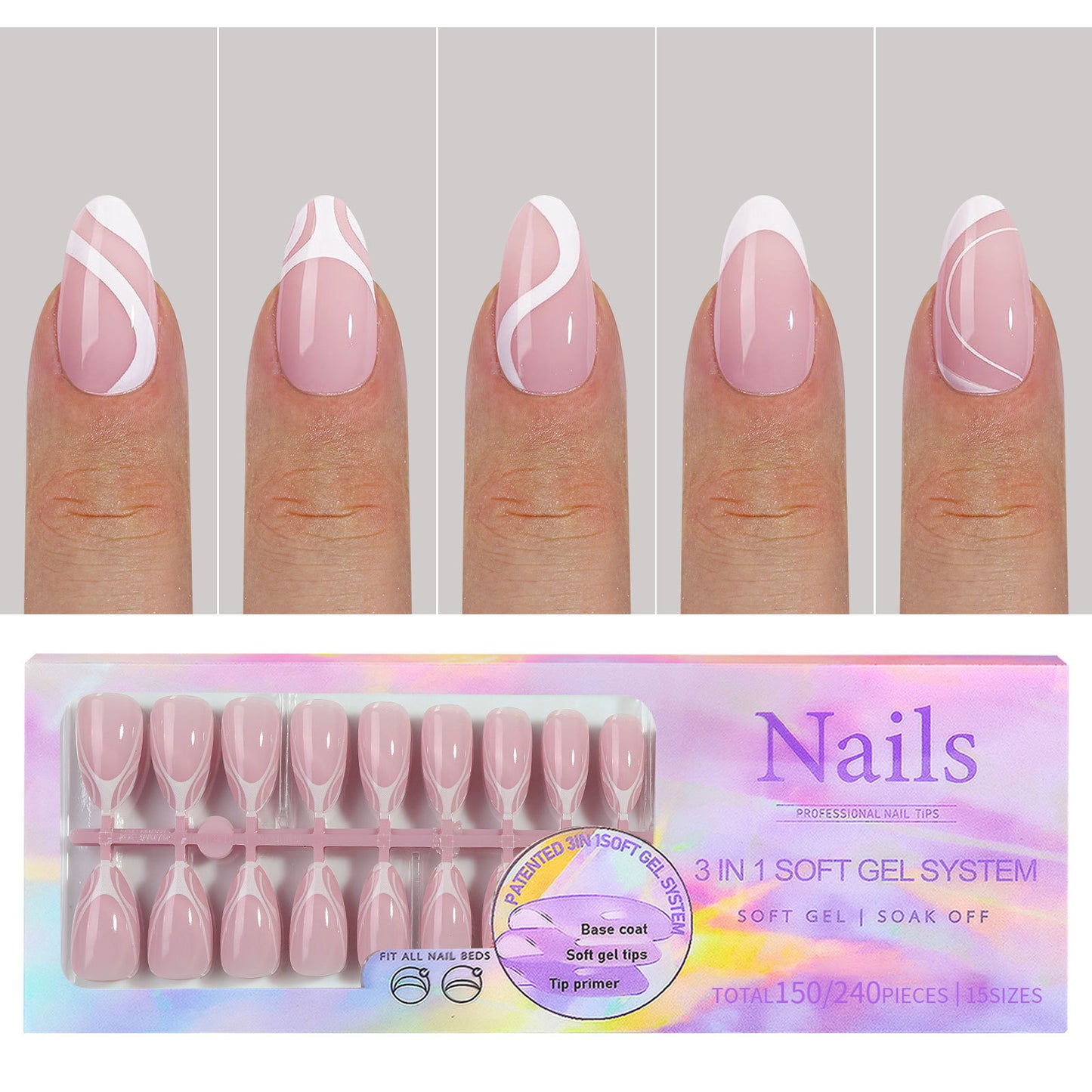 Square & Almond French Tip Press On Nails in 150pcs