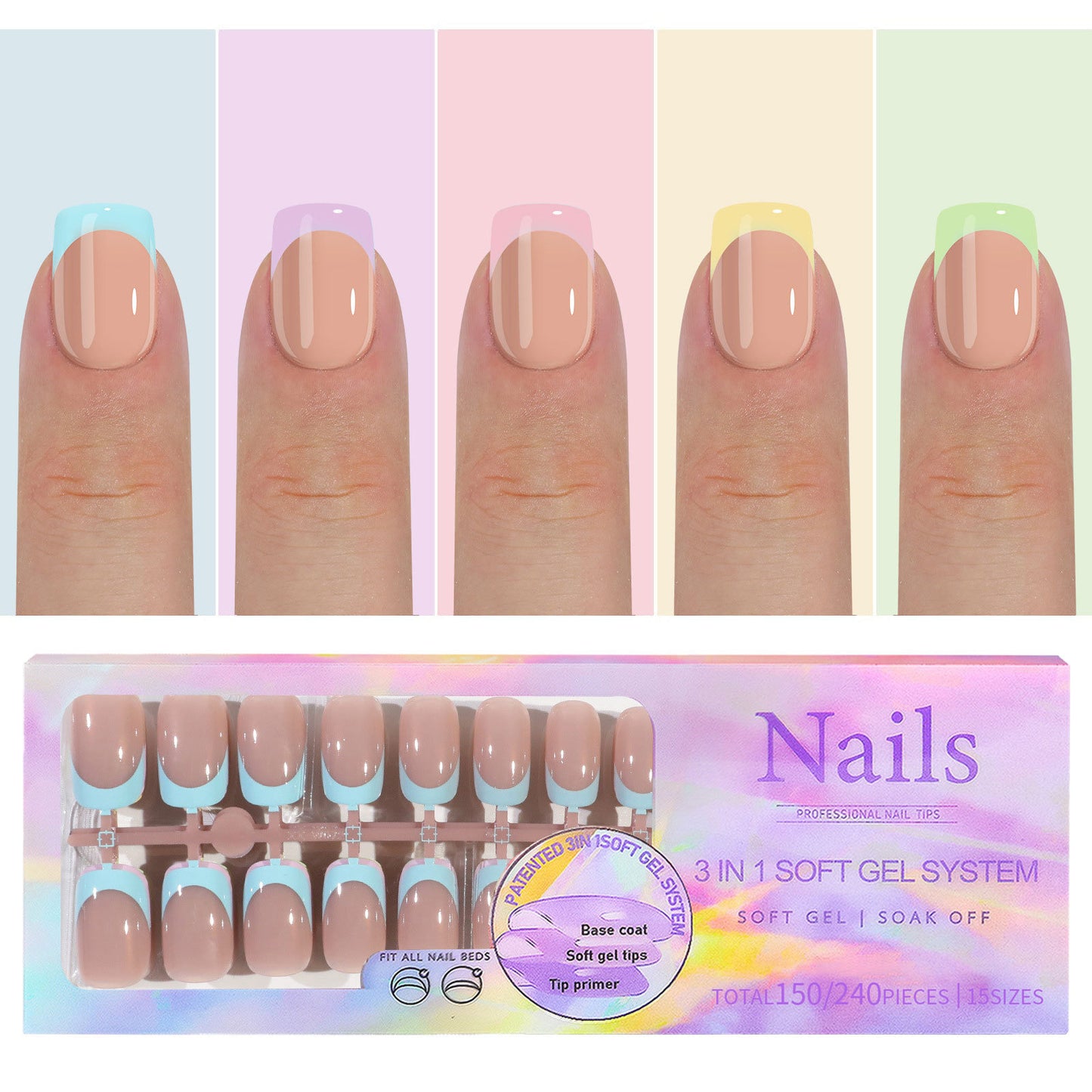 Almond Square Coffin French Tip Press On Nails 150PCS