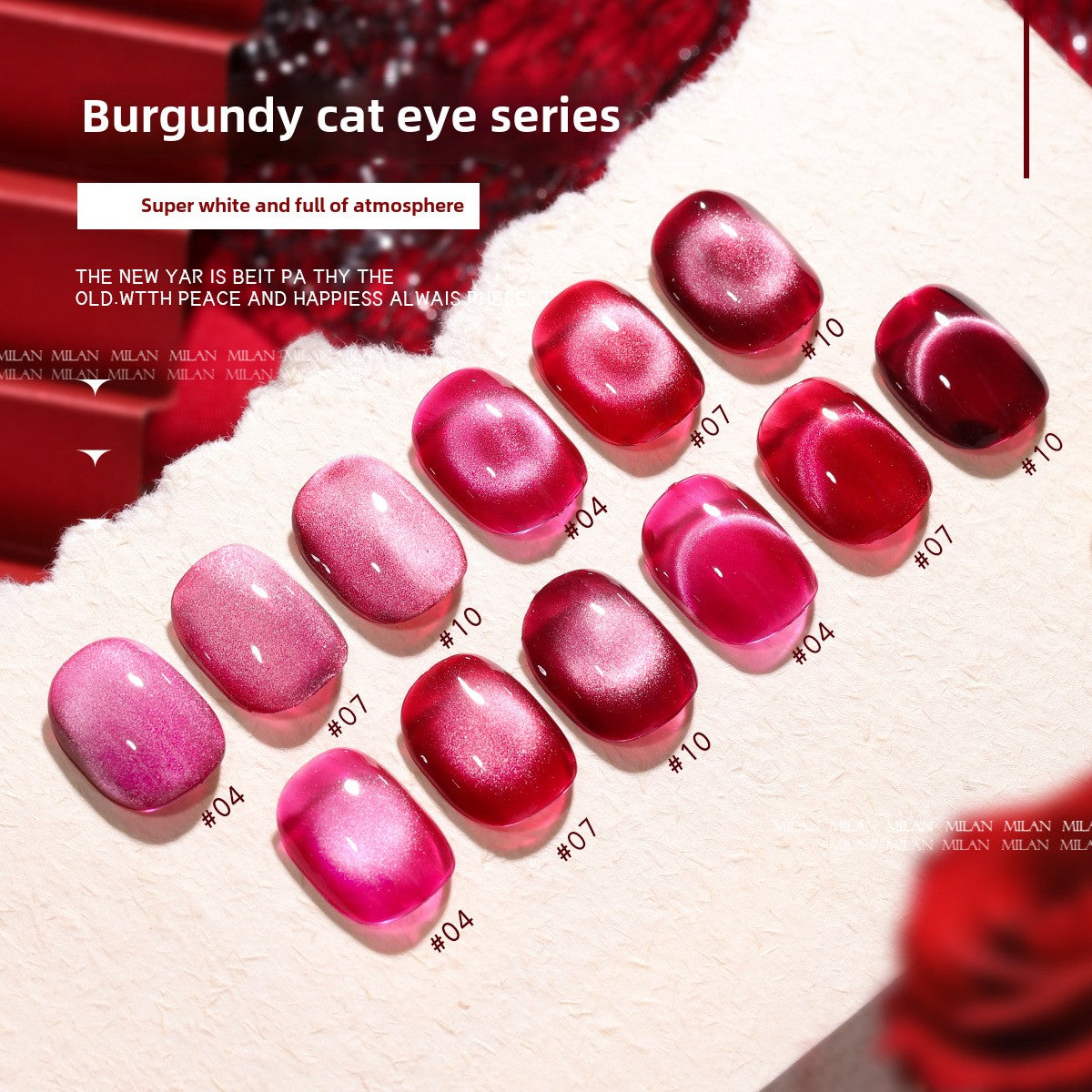 MILAN 12 Colors Burgundy Cat's Eye Gel Nail Polish Kit 15ml/pcs (with Display Board)