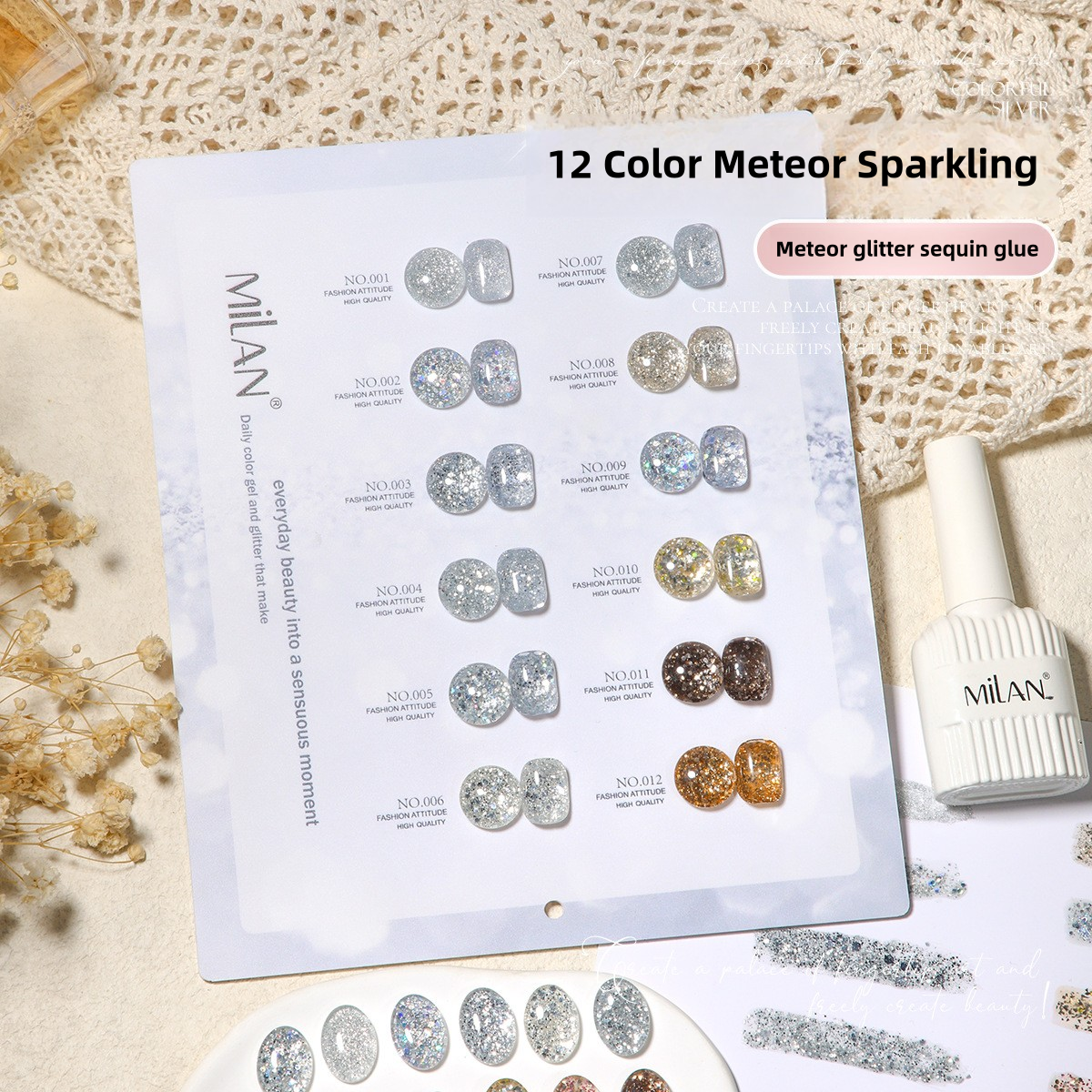 MILAN 12 Colors Glitter Gel Nail Polish Kit 15ml/pcs (with Display Board)