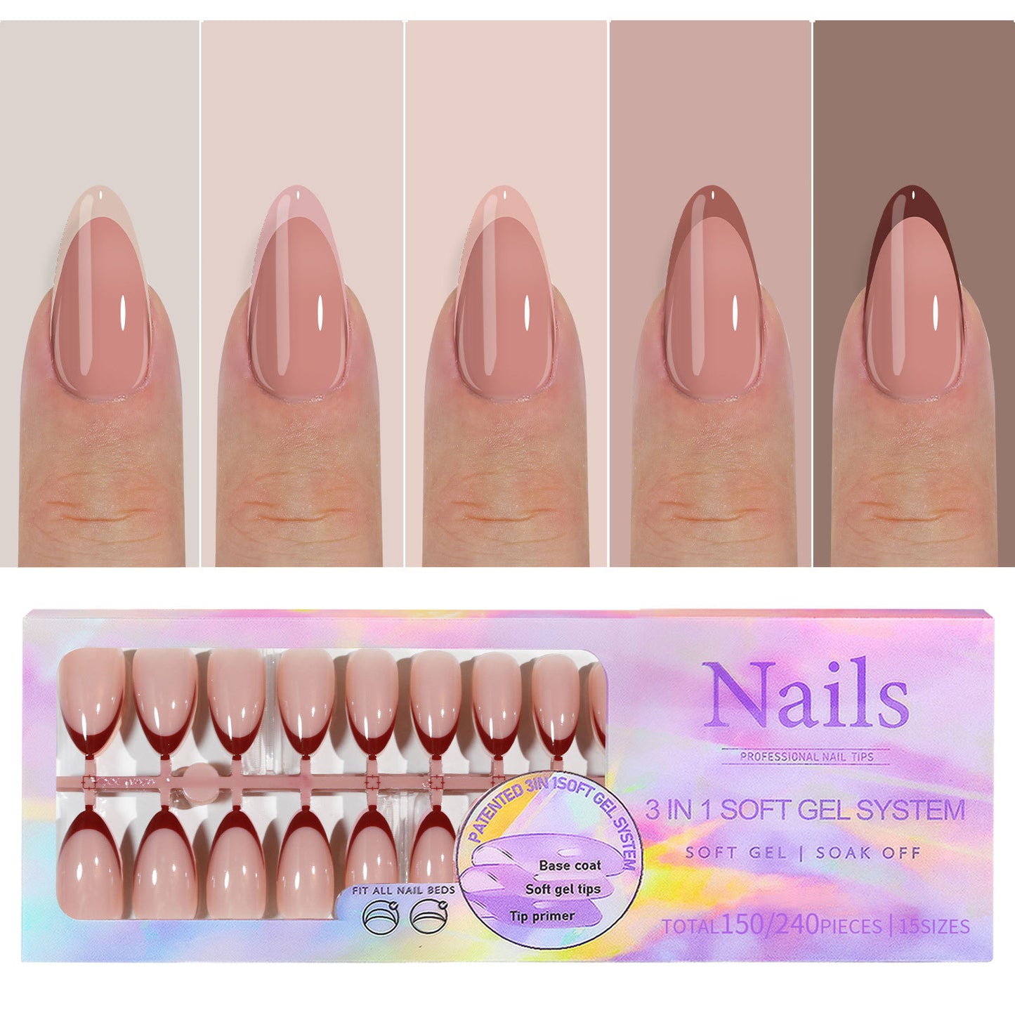Almond Square Coffin French Tip Press On Nails 150PCS