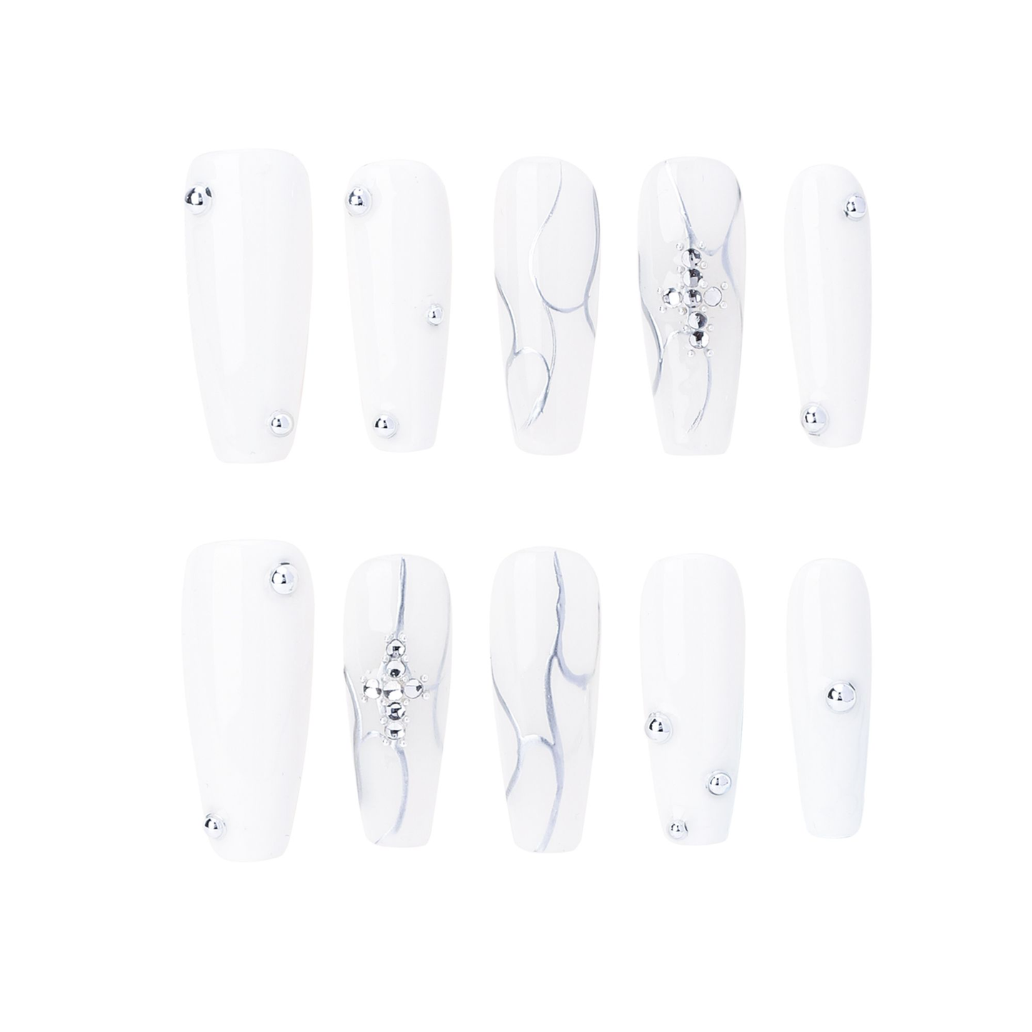 Coffin-Long Nail-White-Striped (10pcs) OMZXX061