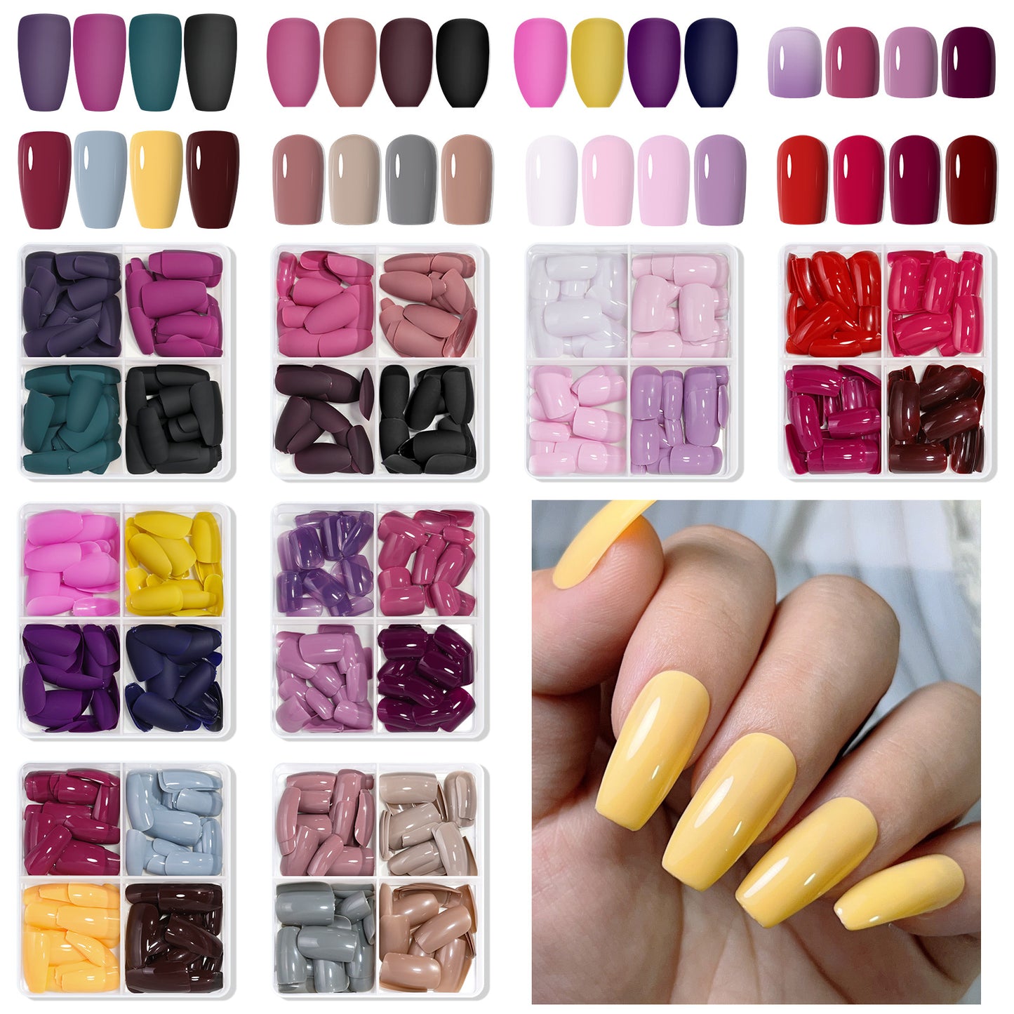 96pcs Short False Nails Tips 4 Color Medium Square Press On Nails