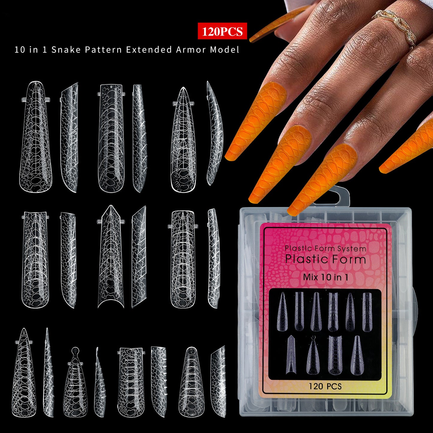 120PCS/Box 3D Snake Pattern Polygel Nails Forms