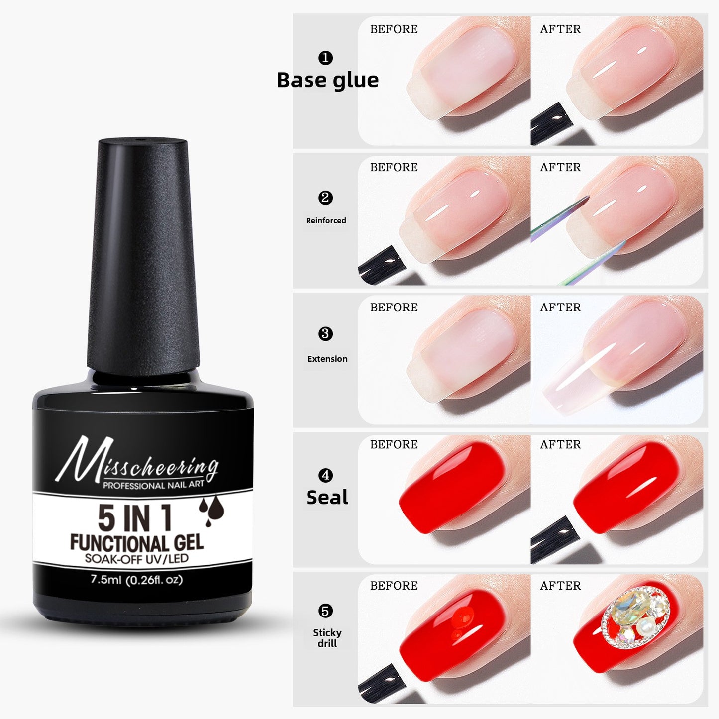 Misscheering 5IN1 FUNCTIONAL GEL SOAK-OFF UV/LED 7.5ml (0.26f.oz)