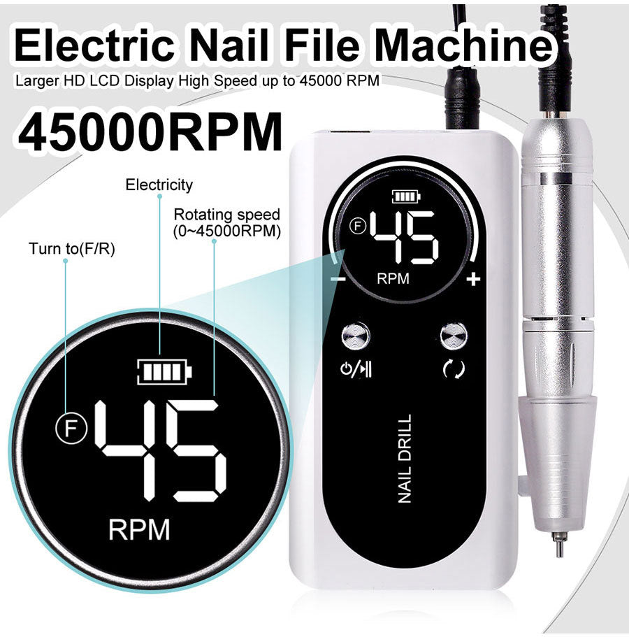 45000 RPM Portable Electric Nail Polisher with Bits LED Display
