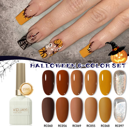 XEIJAYI Halloween UV Gel Polish Set Of 6 Colors Pumpkin Brown Red Pink Orange Black Silver Gola Glitter Nail Polish Salon Gel Manicure Diy At Home Nail Art  Gift For Women And Girl 15ml/pcs*6colors