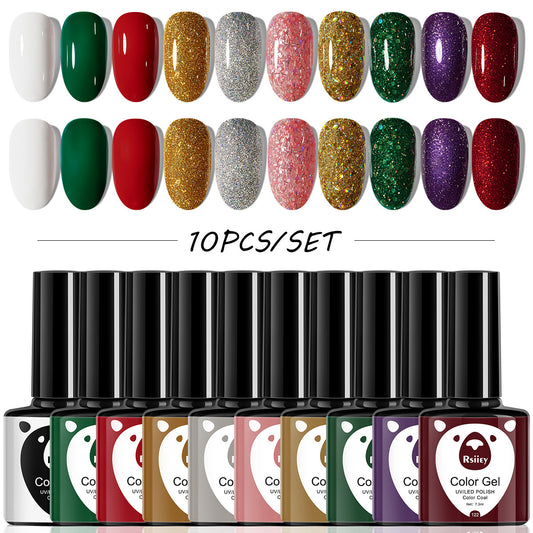 Christmas 10 Colors Nail Gel Polish Set Popular Nude Red Green Gold Silver Glitter Nail Polish Salon Gel Manicure Diy At Home Nail Art  7.3ml*10colors/set