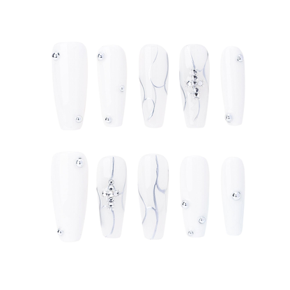 Coffin-Long Nail-White-Striped (10pcs) OMZXX061